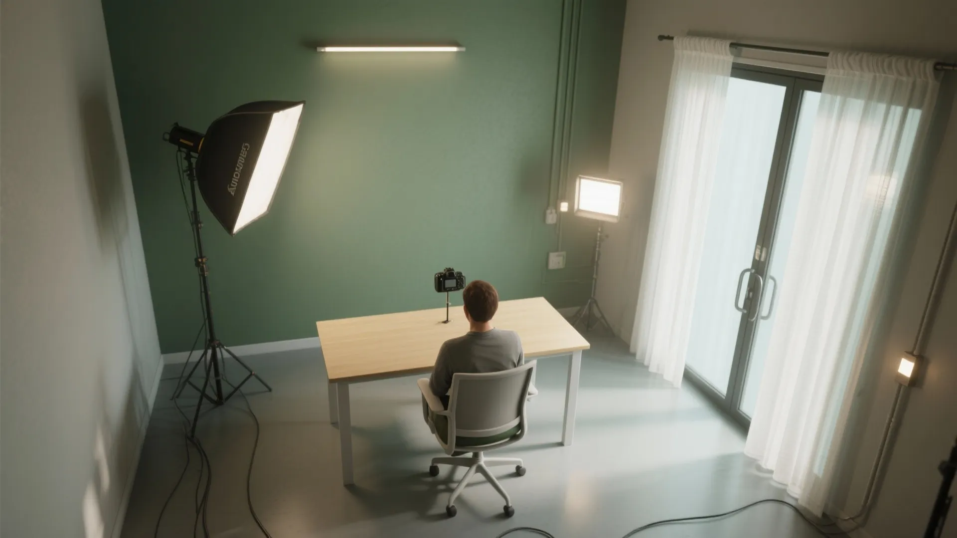 Top view of a man sitting at a table in a professional photography studio room