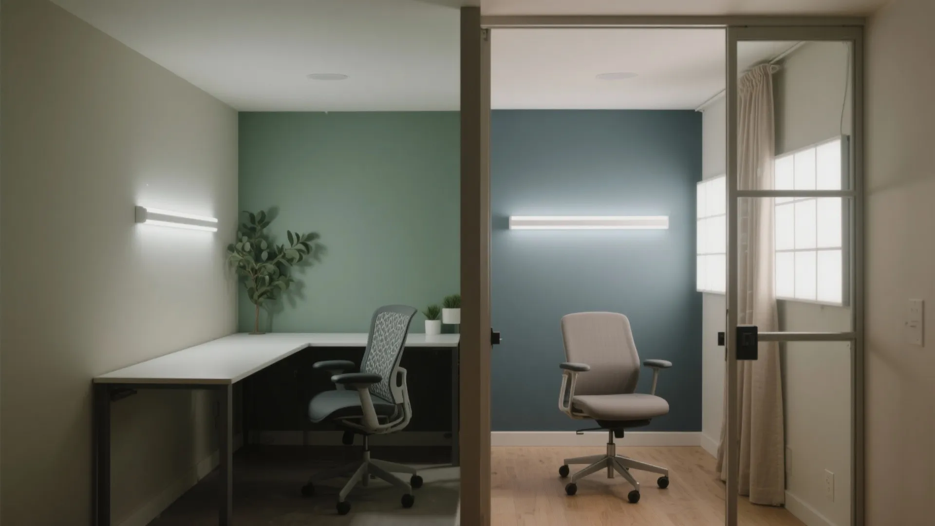 Interior design showing two small office zones with green and blue walls desks and chairs