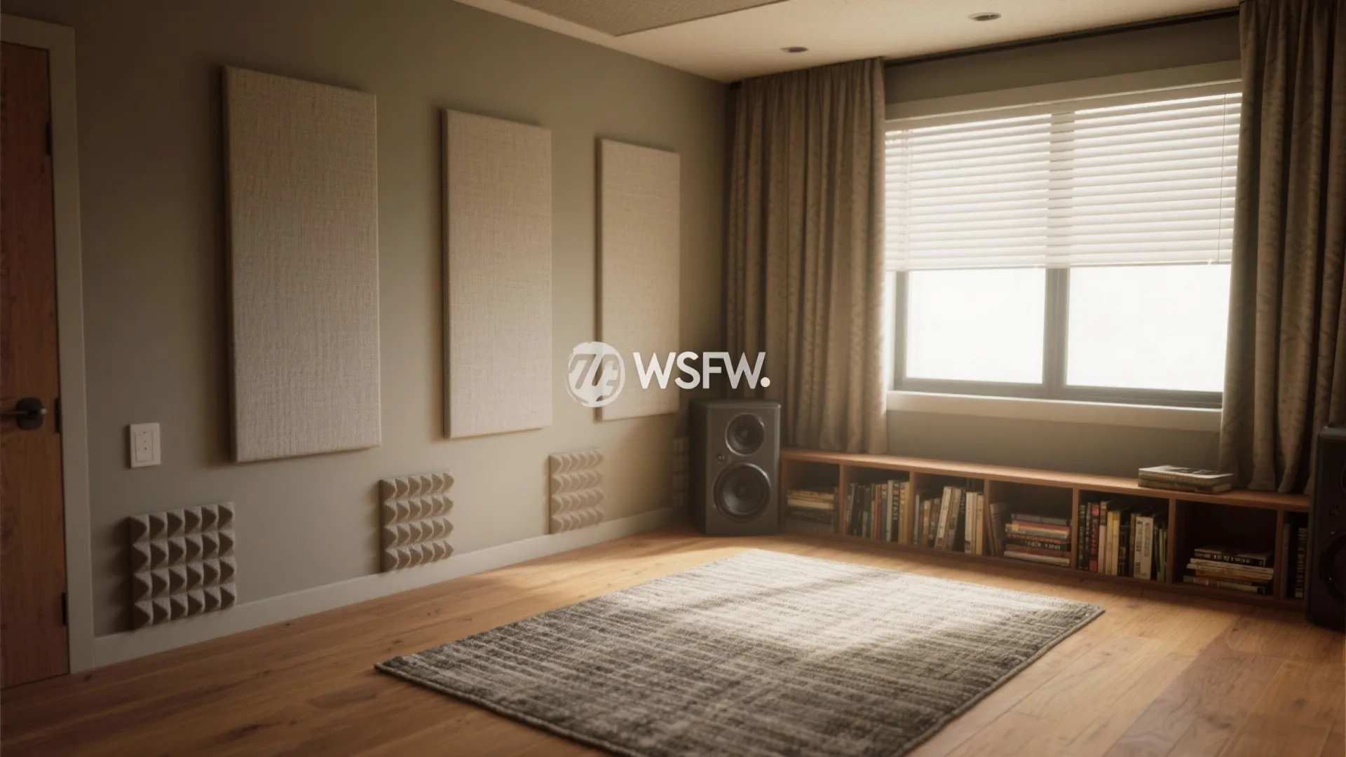 Modern home music room with wall panels wooden floor speaker rug curtains and large windows