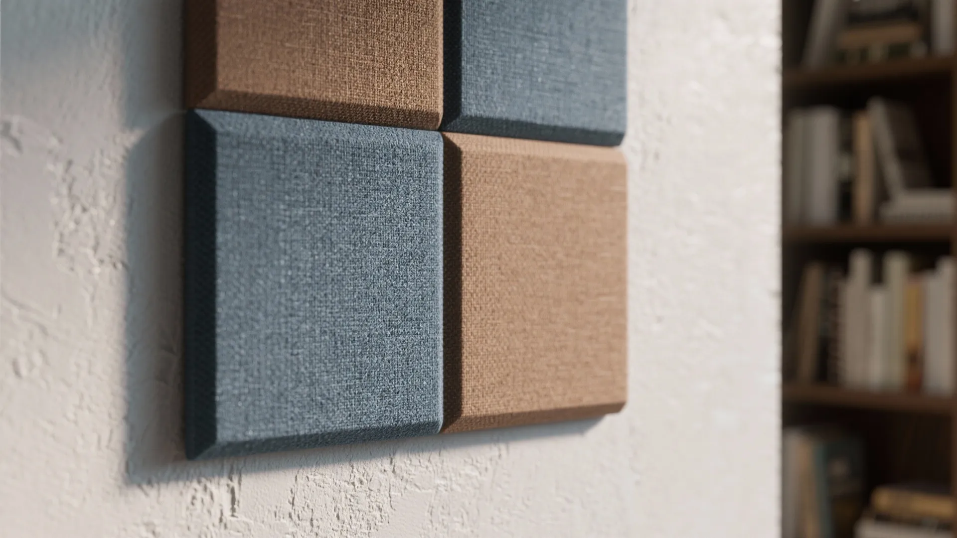 Close up of blue and brown square wall panels on a white wall with bookshelf background