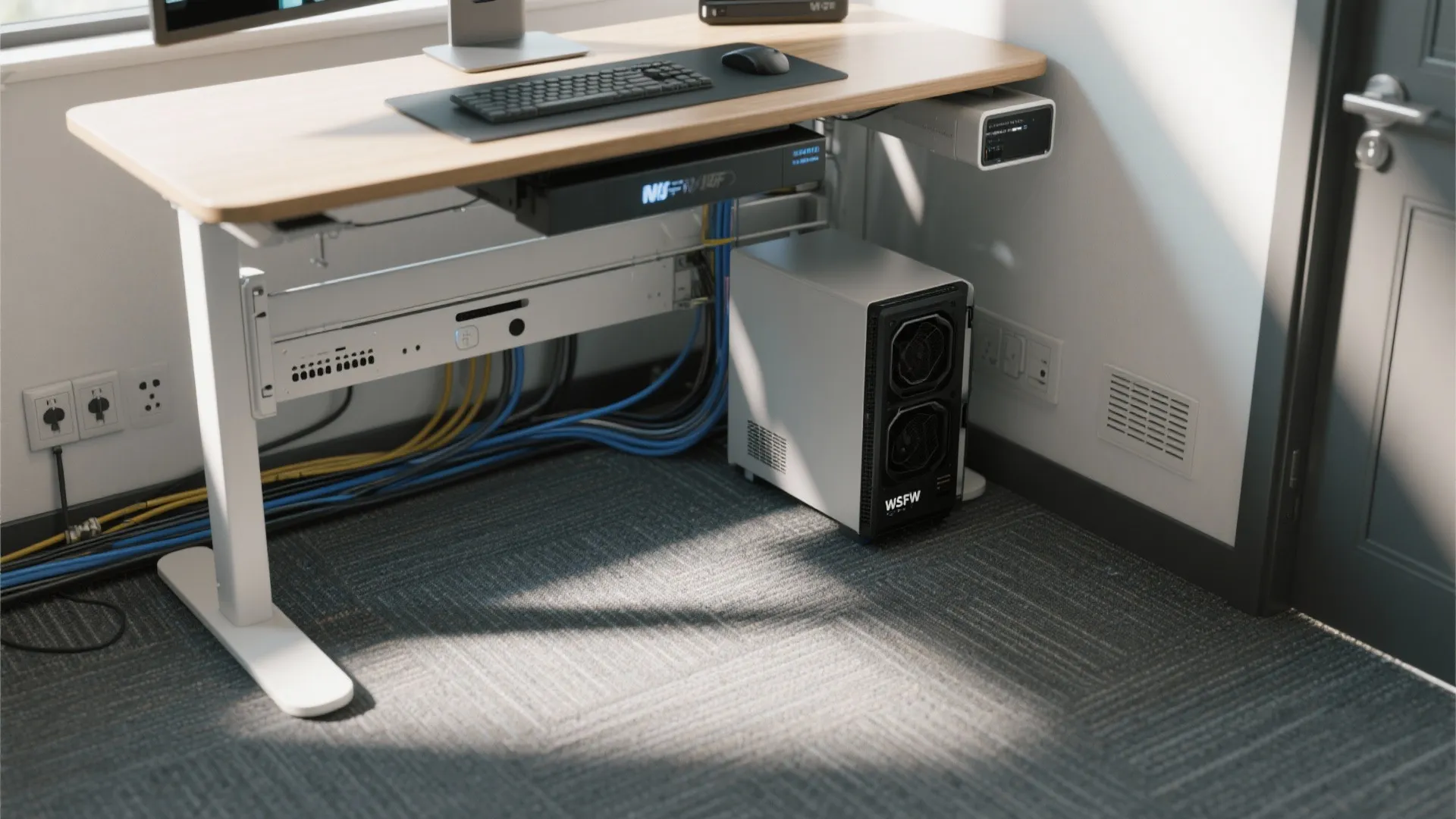 Close up of office desk with organized cable management computer tower keyboard mouse and wires