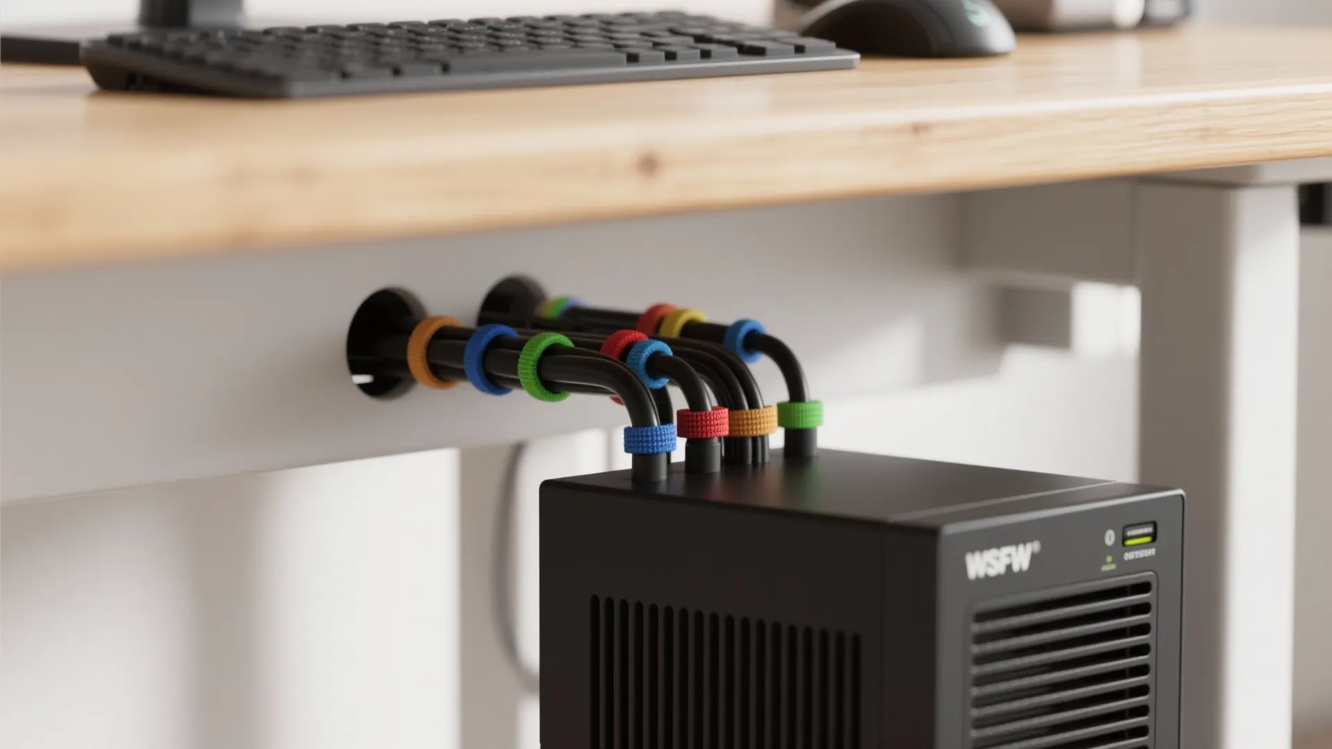 Organized black cables with colorful ties connecting a black box to a wooden computer desk