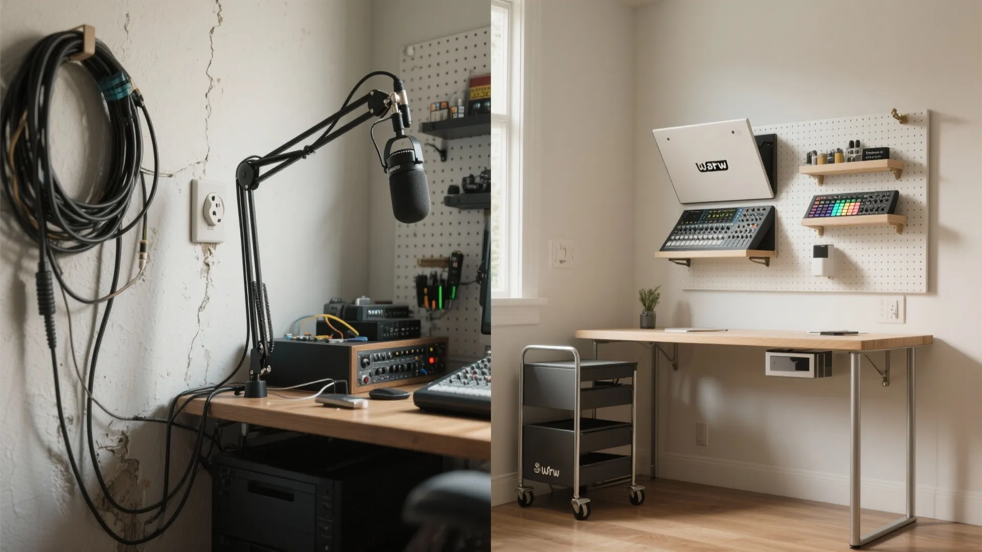 Before and after comparison of a messy music studio versus a clean modern white workspace