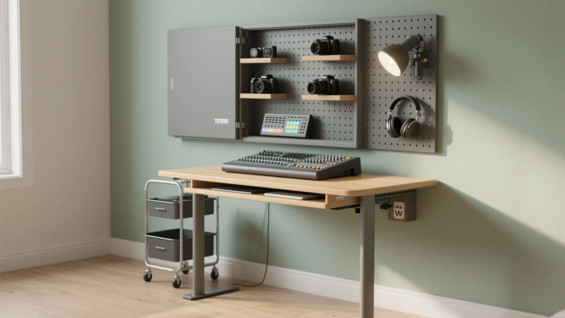 Modern wood desk with audio equipment and a pegboard holding cameras and a small light