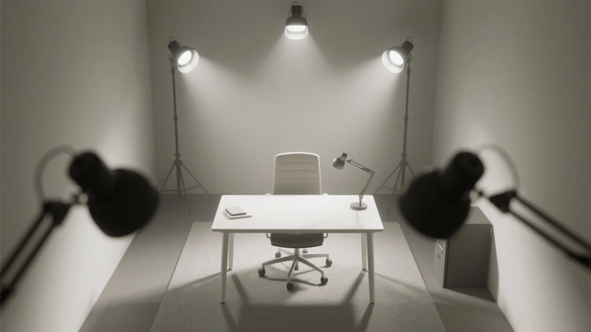 Interior design drawing of office desk chair and light fixtures with professional studio lighting setup