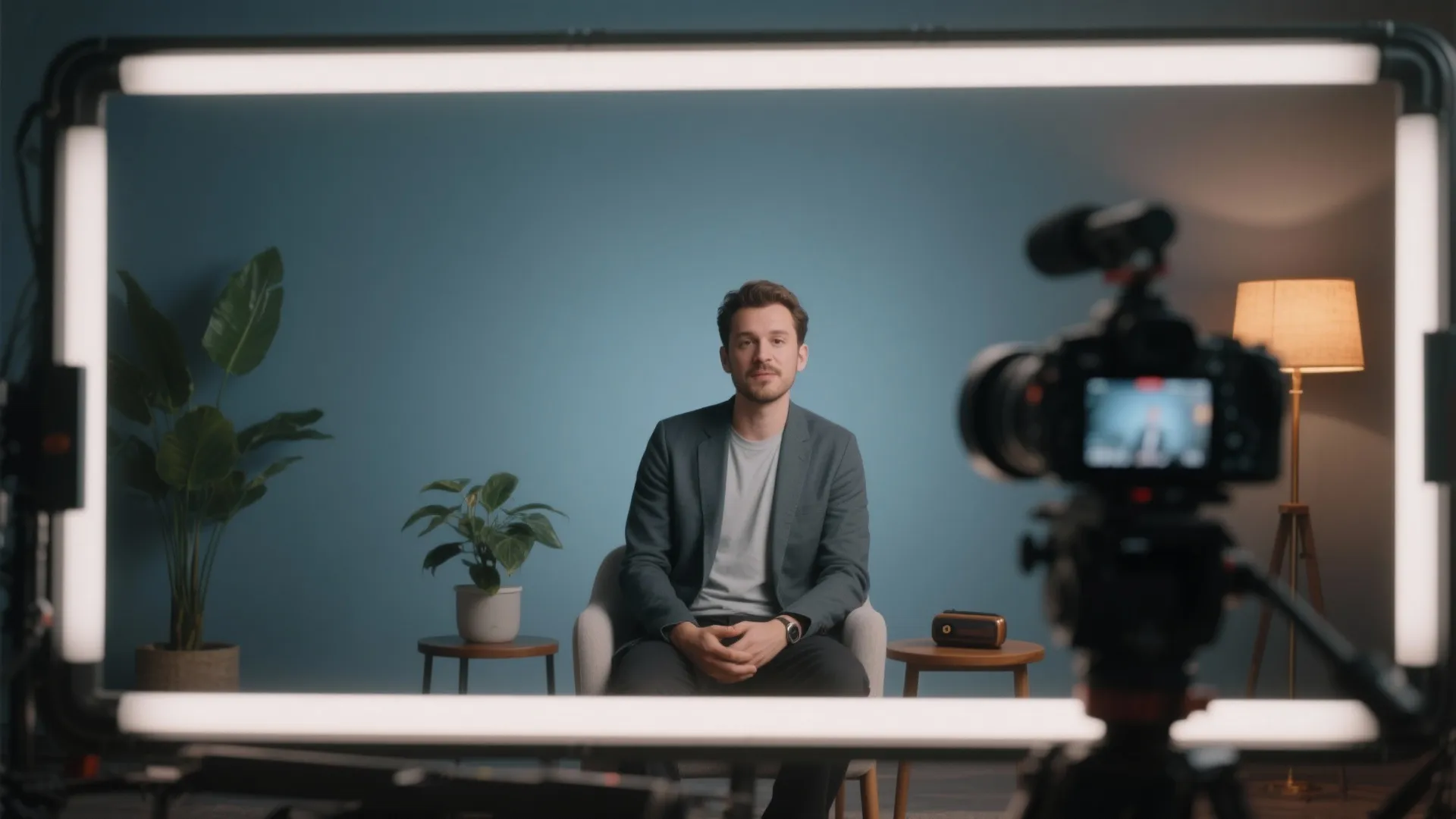 Man sitting in a studio being filmed by a camera through a bright light frame