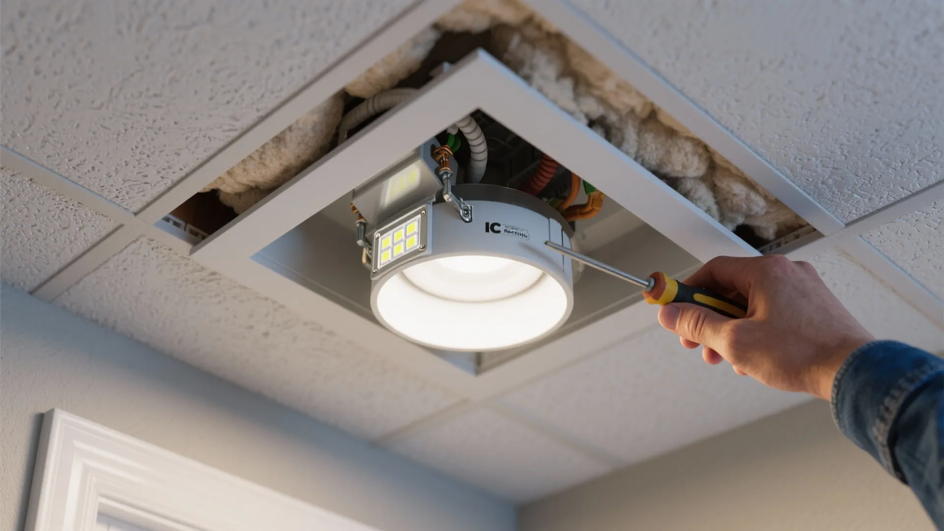 Hand using a screwdriver to install a recessed ceiling light into a white ceiling panel