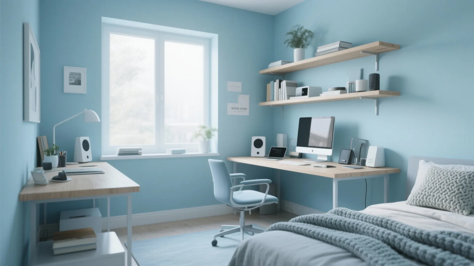 Bright blue bedroom office with two wooden desks computer setup wall shelves and a cozy bed