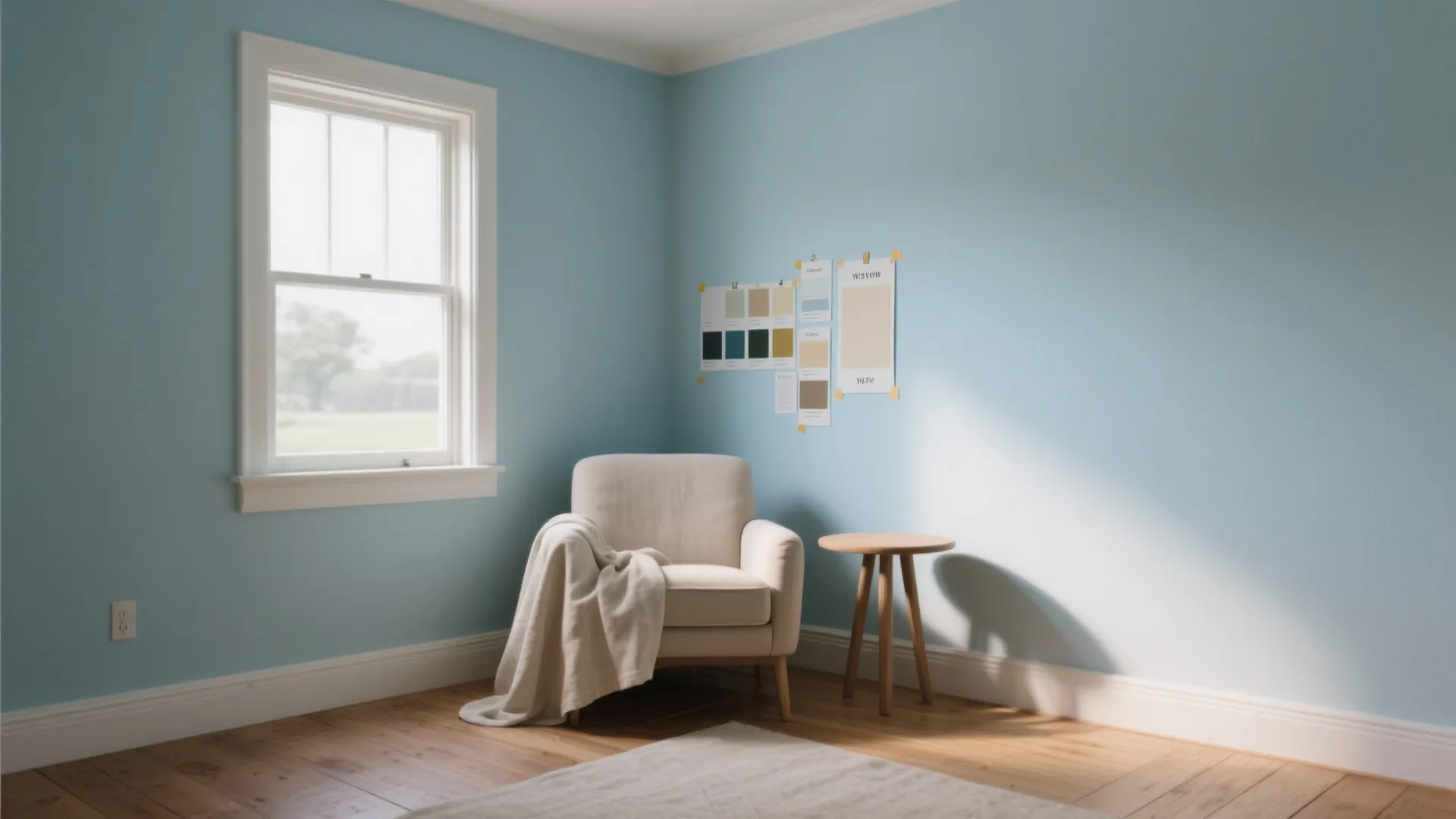 Light blue room corner with white armchair, small wooden table, windows, and wood floor boards
