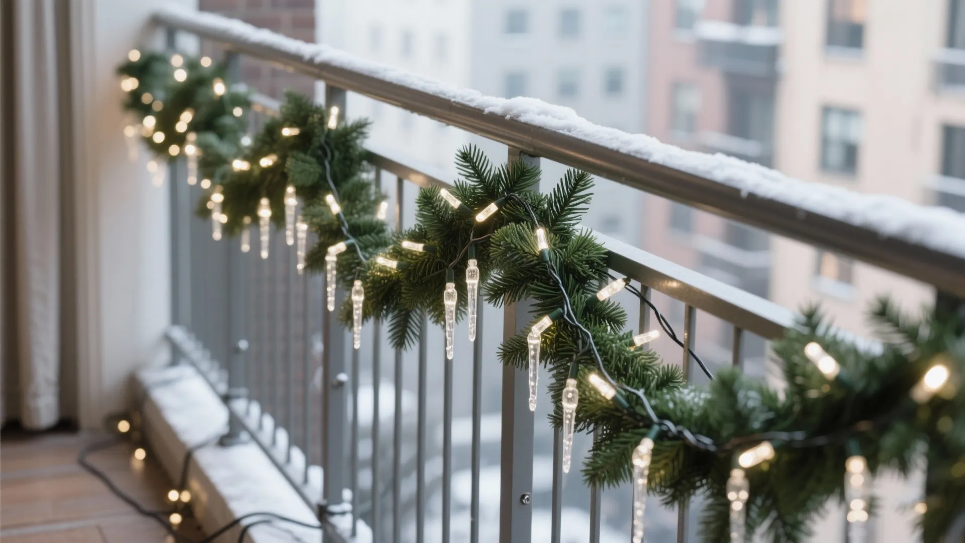 LED Icicle Lights Woven into Evergreen Garland
