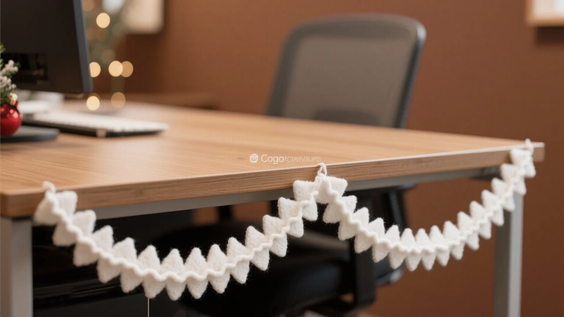 Wooden office desk decorated with white wavy fabric trim and a computer monitor in the background