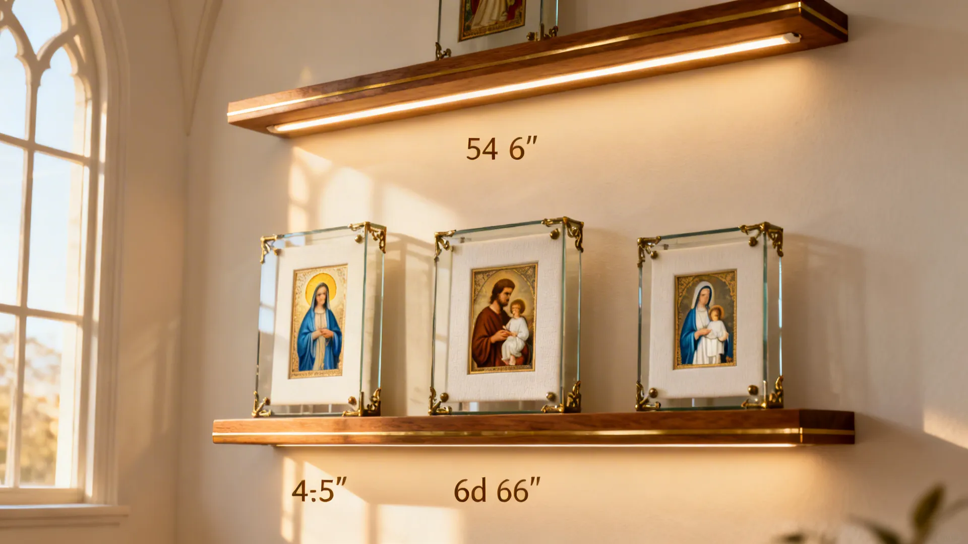 Two picture ledges with framed Catholic icons lit by hidden warm LED.