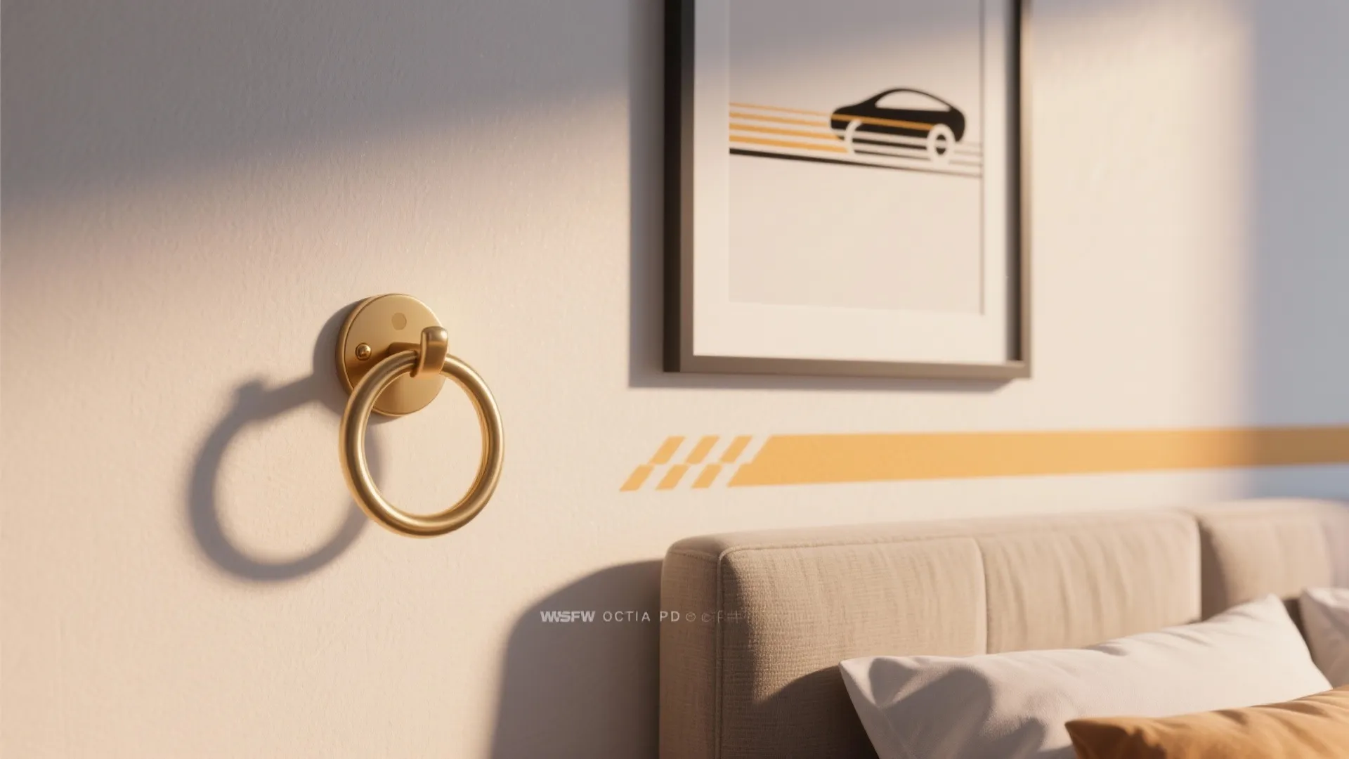 Close-up of subtle bedroom accents: gold ring wall hook, minimalist framed prints and a thin speed-trail stripe behind the bed.