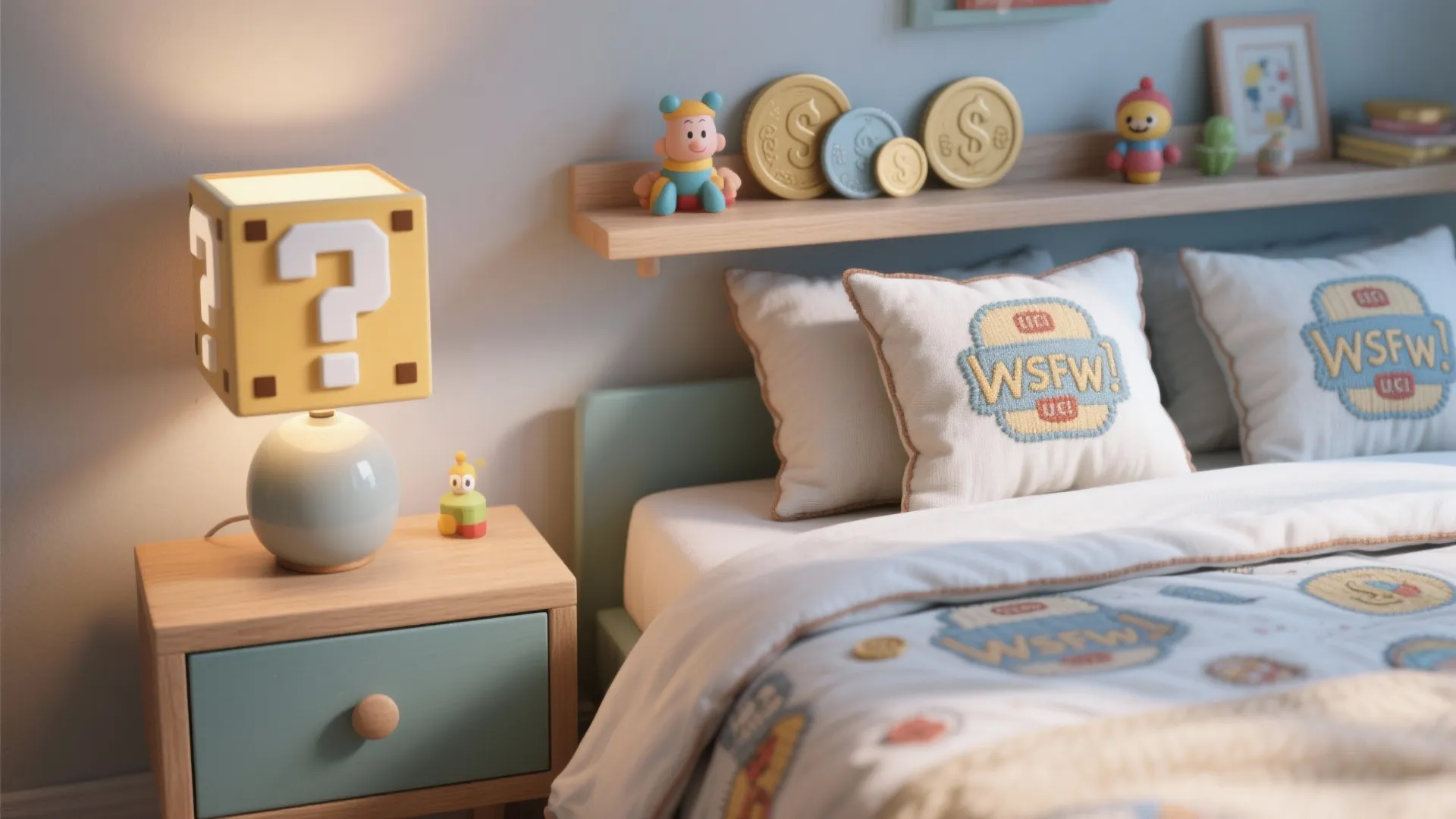 Close-up of Mario-inspired bedding, embroidered pillows, floating coin shelf and a question-block style lamp.