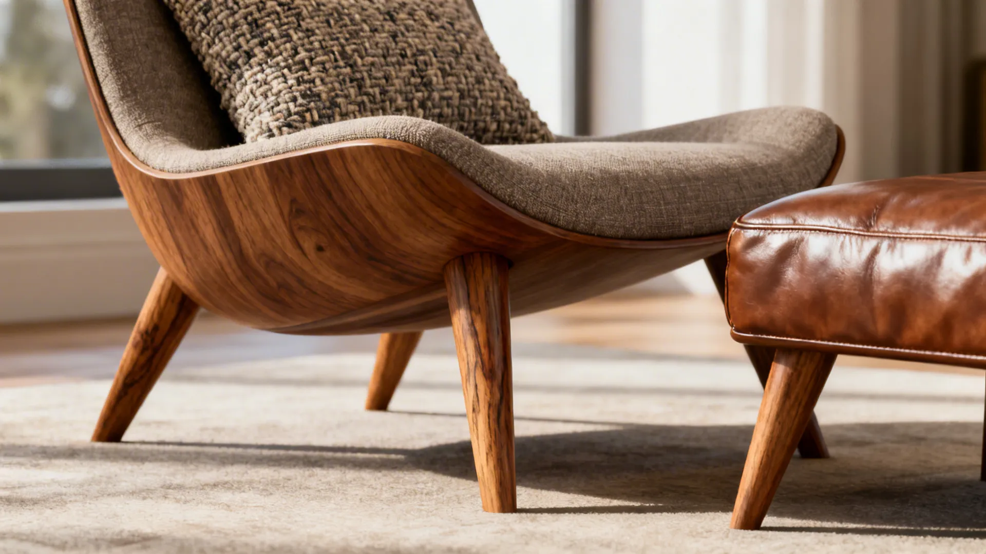 Close-up of tapered legs and durable upholstery on a mid-century lounge chair with boucle cushion.