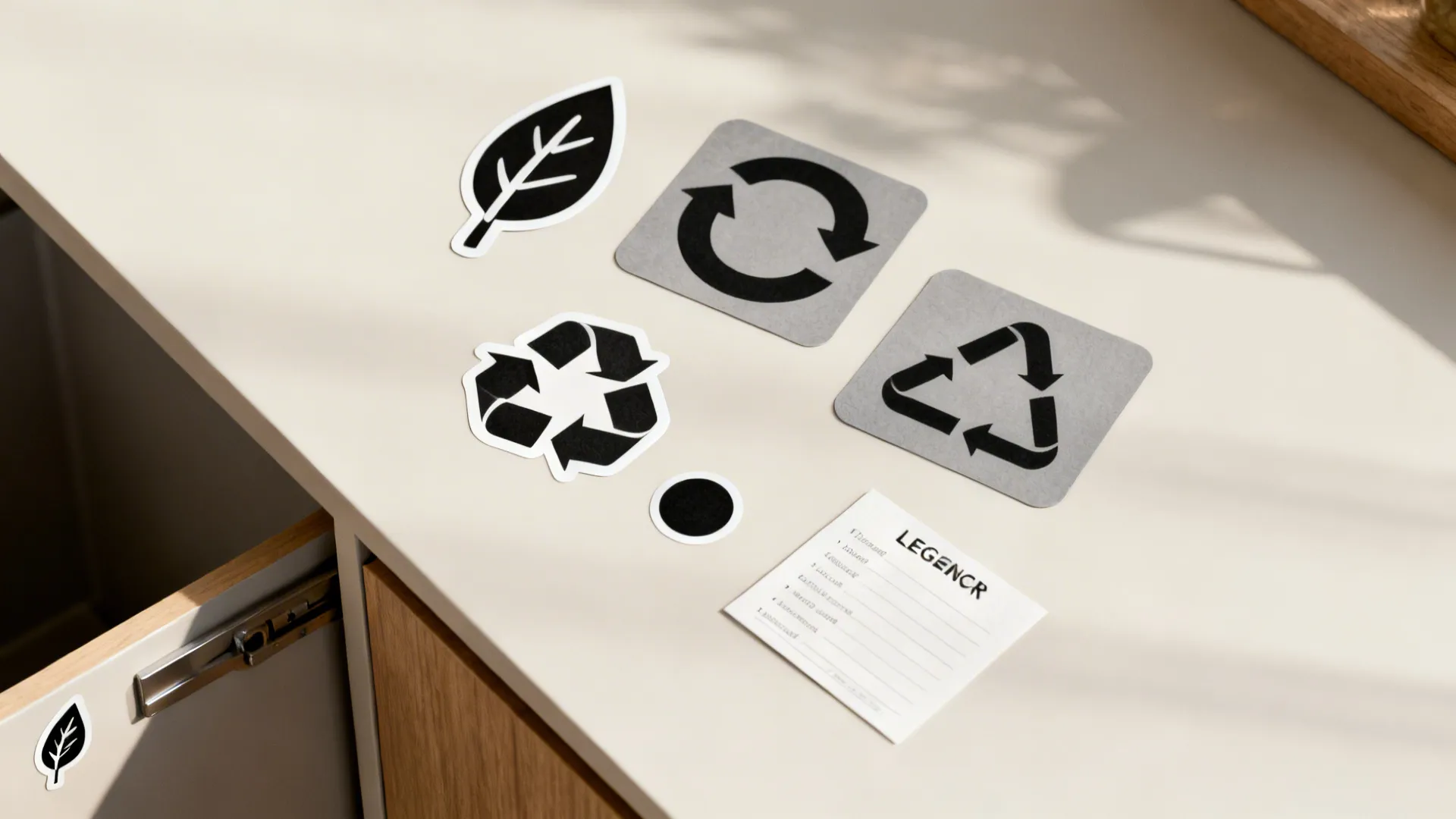 Flat lay of waste sorting icons and stickers with a simple legend for organics, recycling, and landfill.