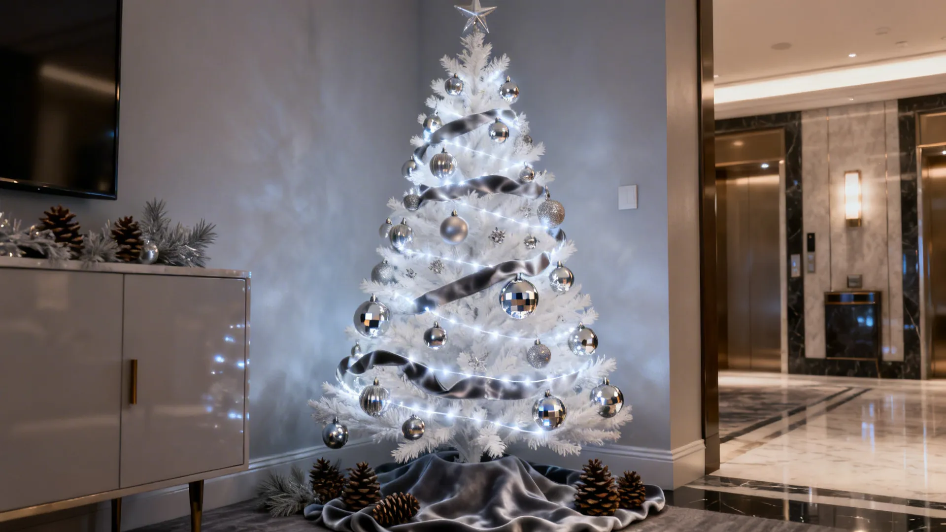 White tree decorated with mirrored baubles and cool-white LEDs for a chic icy glam look.