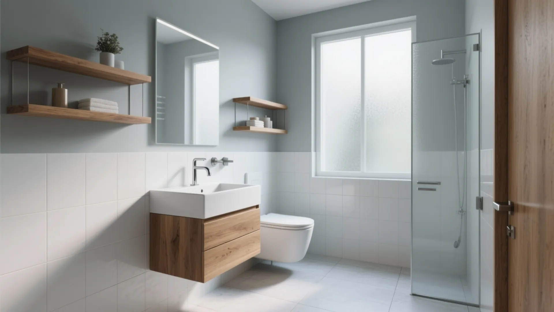 1. Icy neutrals with warm wood accents