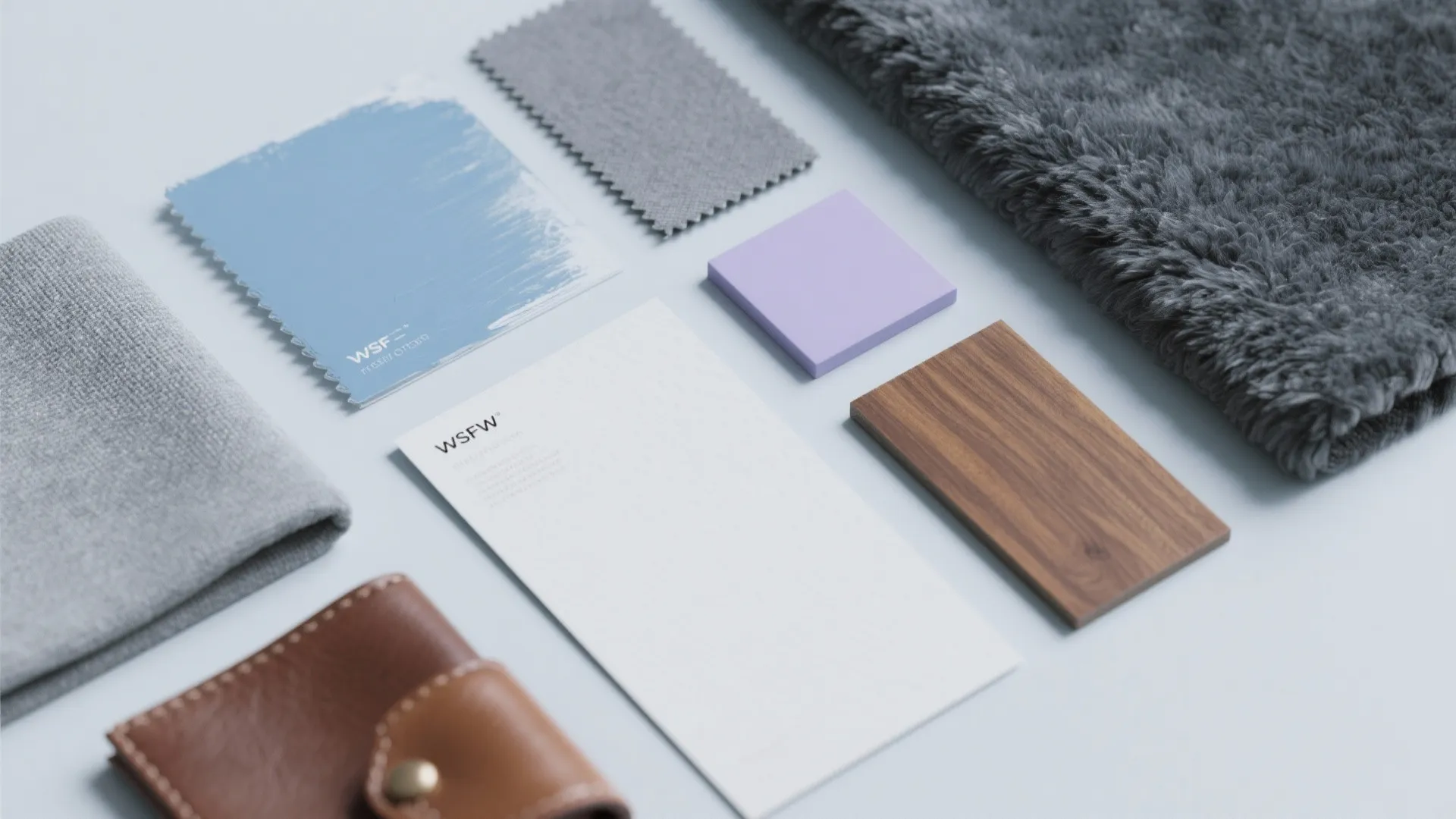 Material board with blue paint, grey fabric, wood sample, purple block, leather, and grey rug