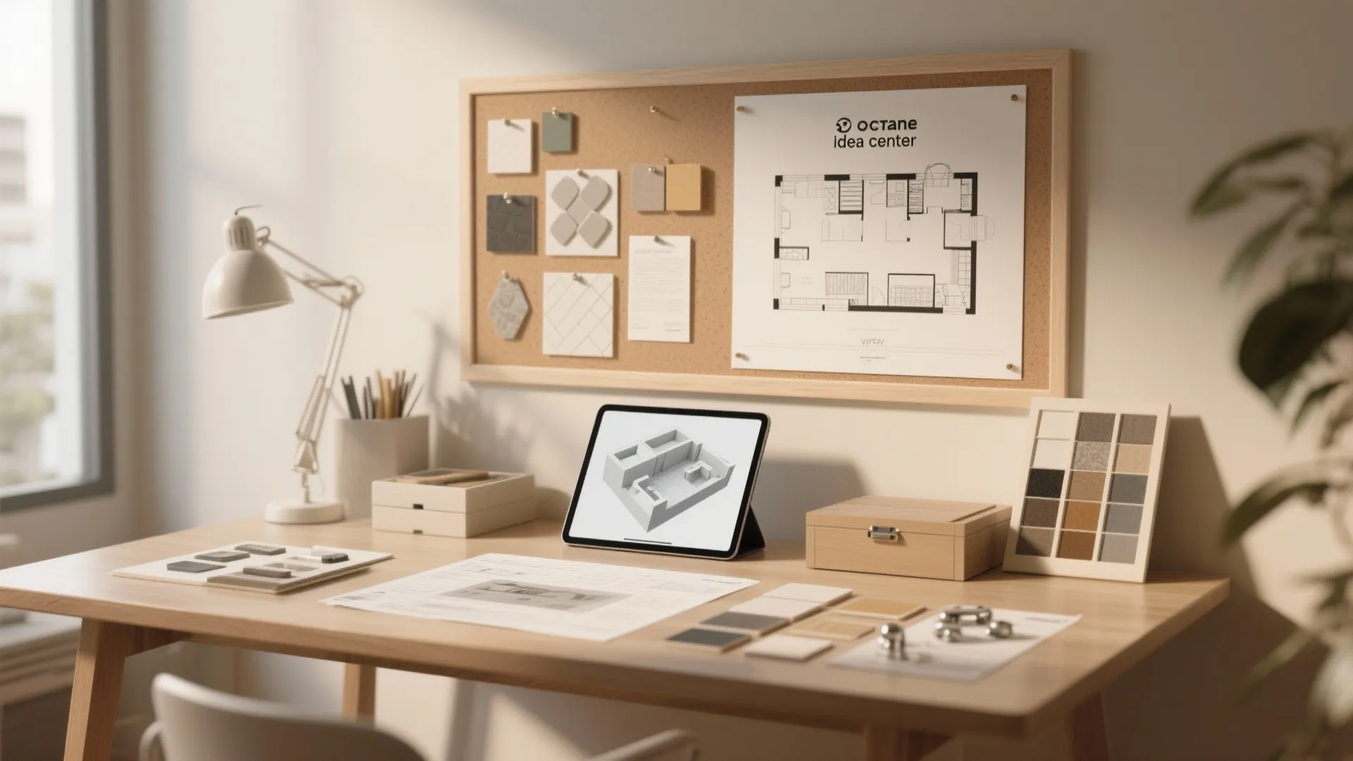 Wooden desk with tablet showing 3D room layout and cork board with floor plan drawings