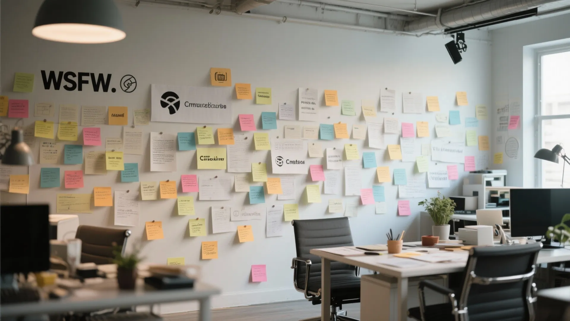 Creative studio wall filled with brainstorming sticky notes