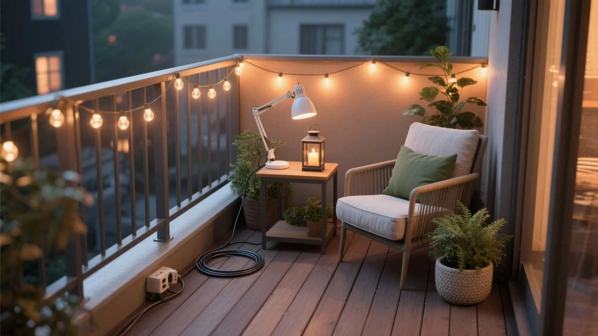 Small balcony at night with string lights table lamp comfortable chair and green potted plants
