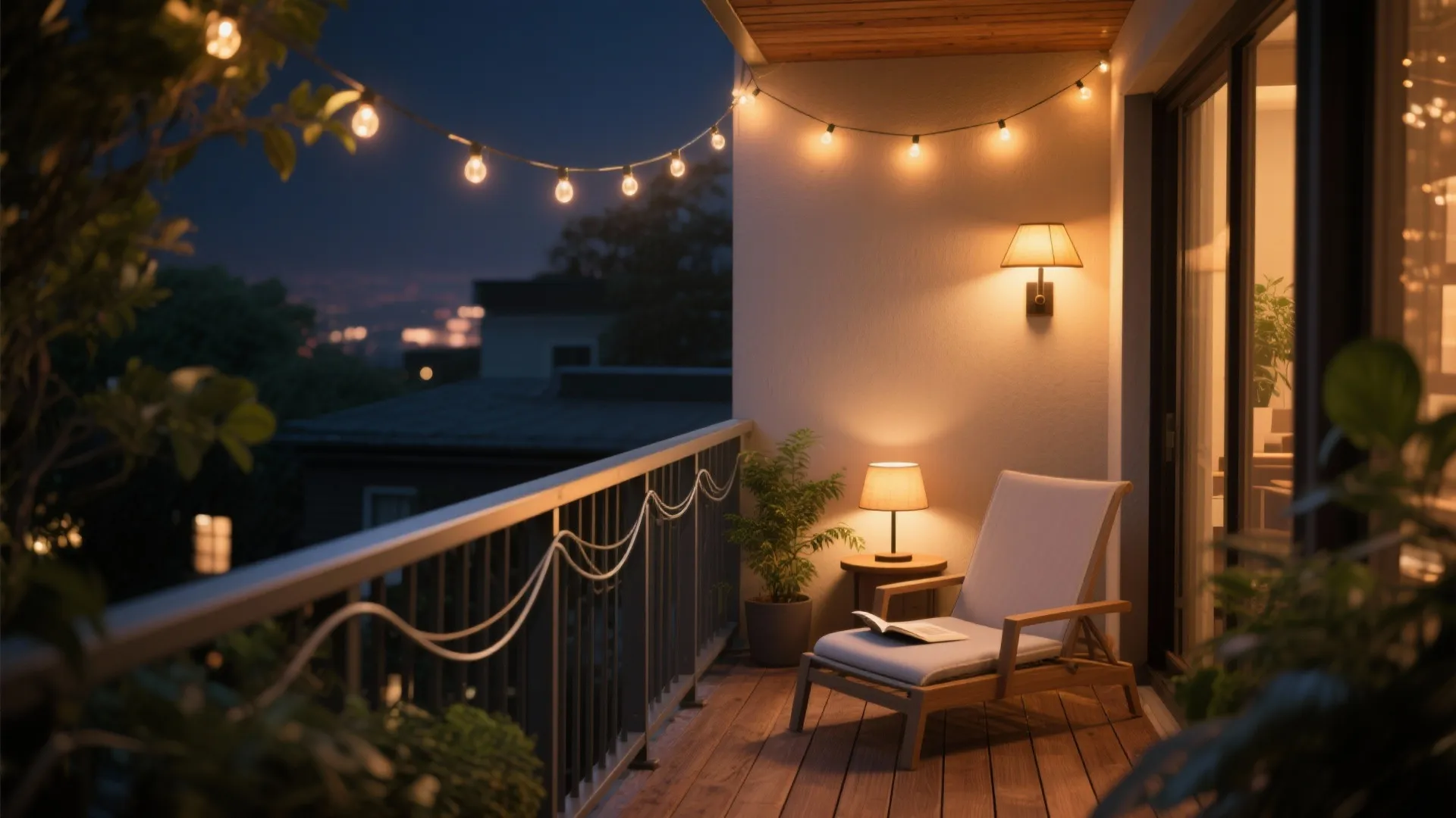 Cozy balcony at night with string lights lounge chair table lamp and green potted plants
