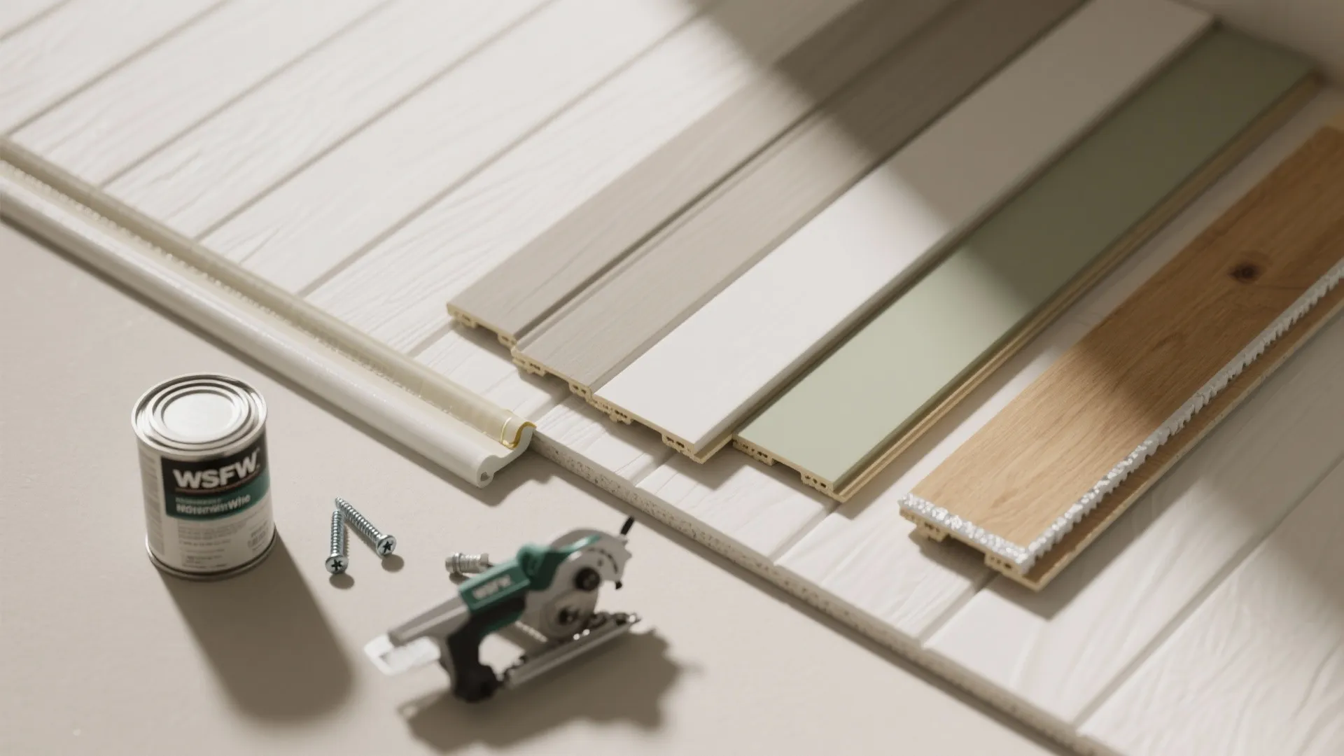 Wall panel samples in different colors placed with metal screws paint can and cutting tool