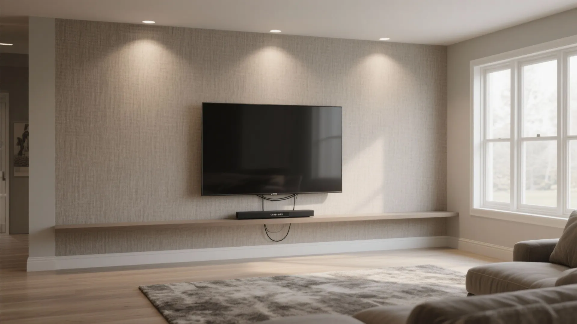 Modern living room with wall mounted television above wooden shelf featuring recessed ceiling light fixtures