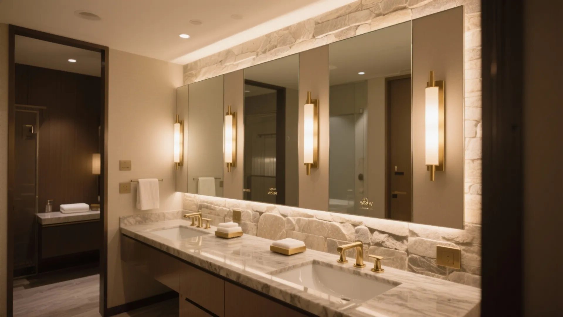 Luxury bathroom vanity with stone wall gold wall lights large mirrors and white marble counter top