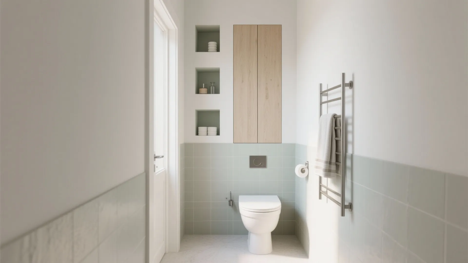 Minimalist toilet area with green wall panel wooden cabinet recessed shelves and a towel rack