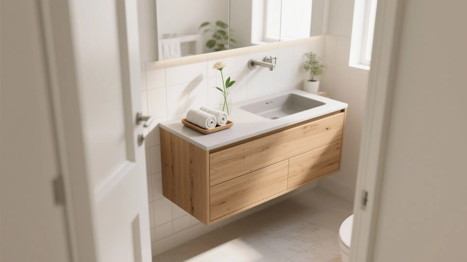 Idea 2: Float the vanity and carve a storage ledge