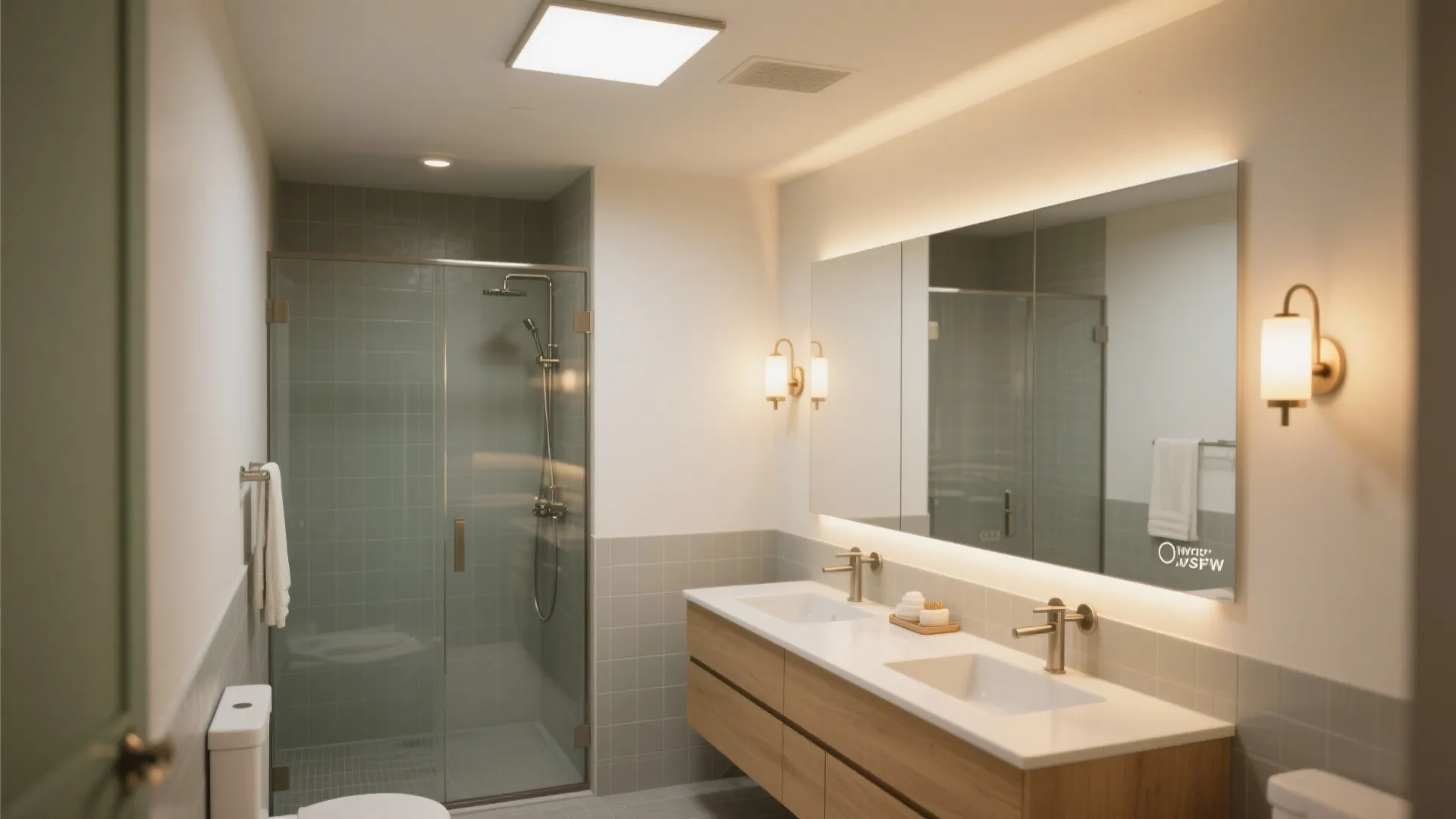 Modern bathroom with wooden cabinet double sinks large mirror and glass door walk in shower