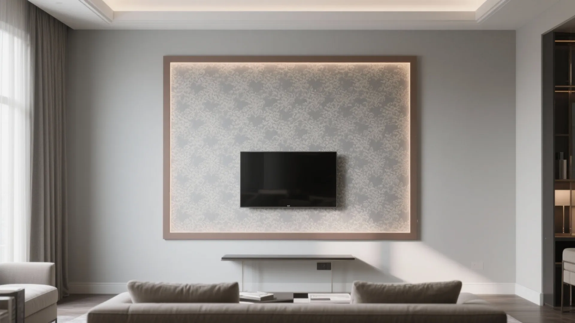 Living room interior featuring television mounted on patterned wall panel with warm hidden light frame
