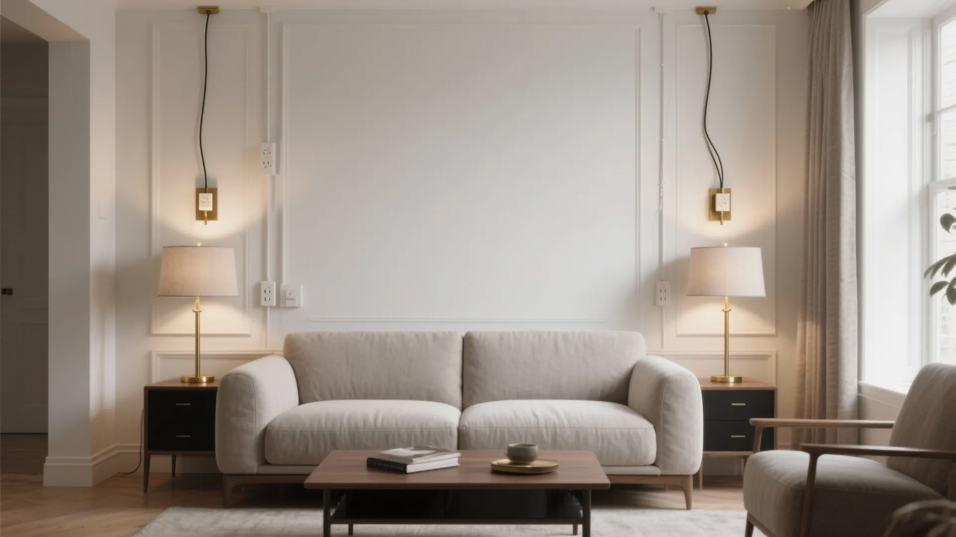 Living room sofa flanked by tailored plug-in sconces with fabric cord covers.