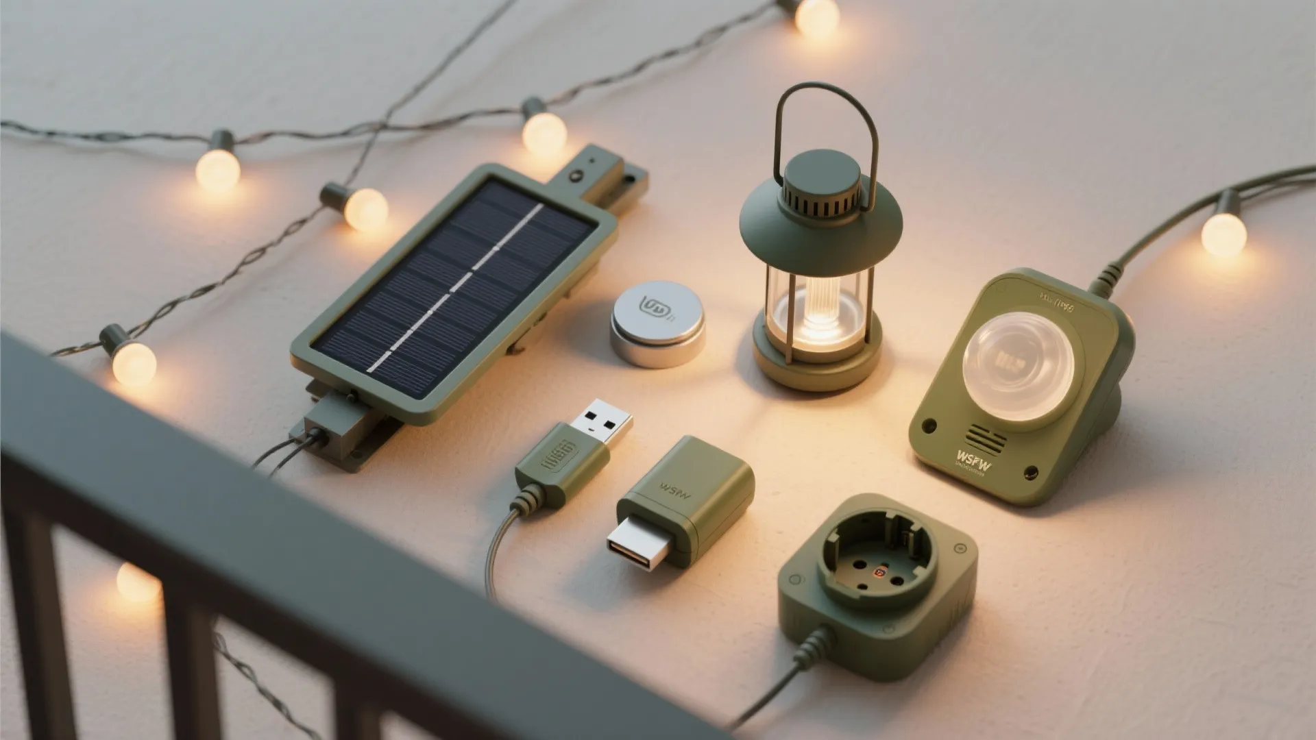 Collection of green outdoor solar power tools including solar panel lantern and string lights for balcony