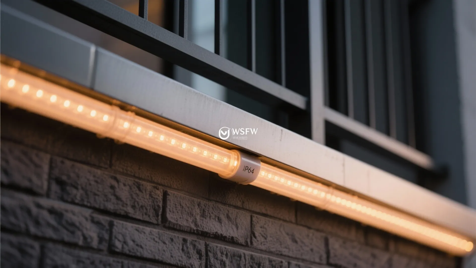 Outdoor strip light installed on a grey brick wall providing warm glow for exterior decoration