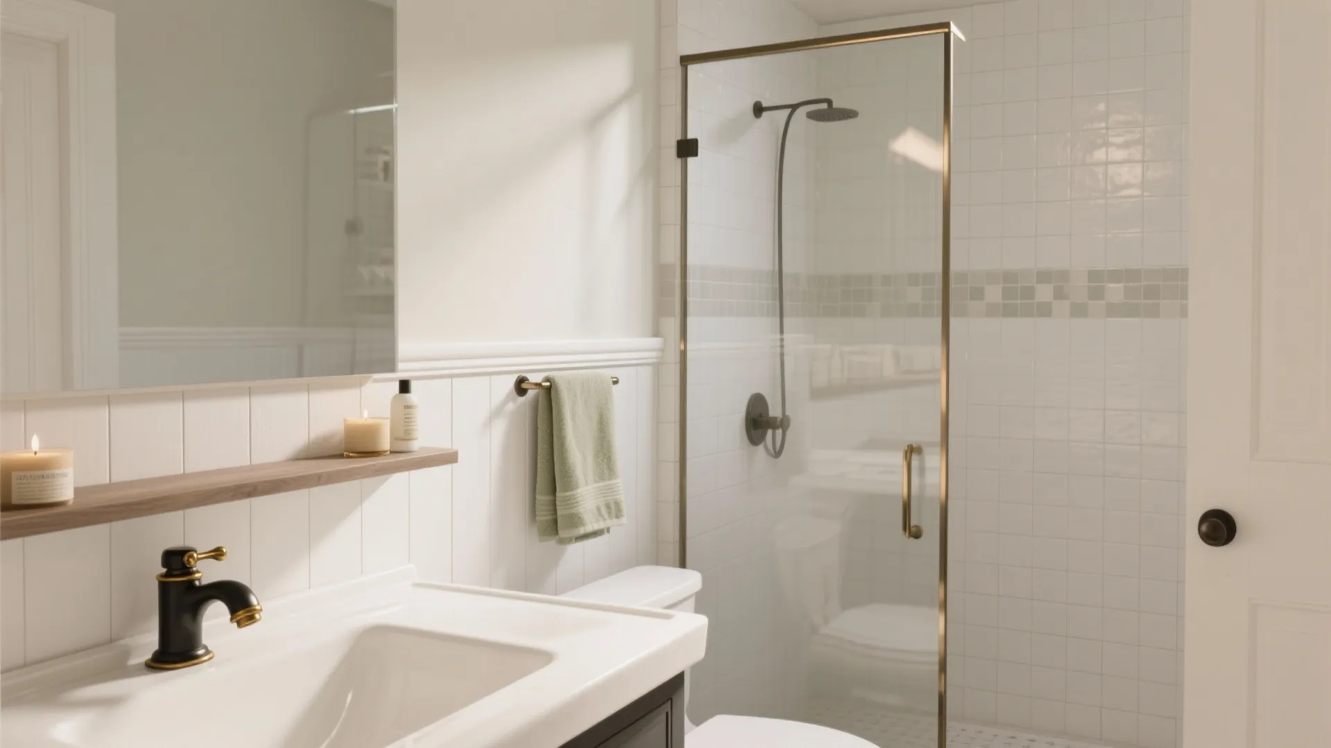 White bathroom sink with black faucet wood shelf green towel toilet and glass shower door