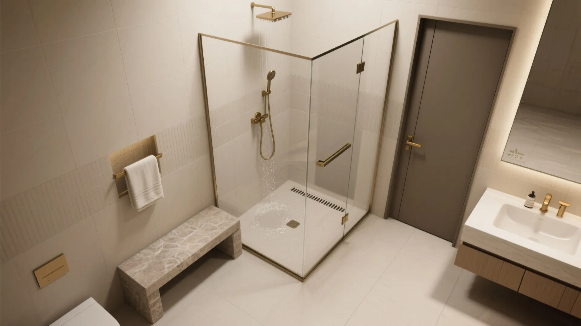 Modern bathroom with glass shower cabin gold light fixture white sink wooden cabinet and stone bench