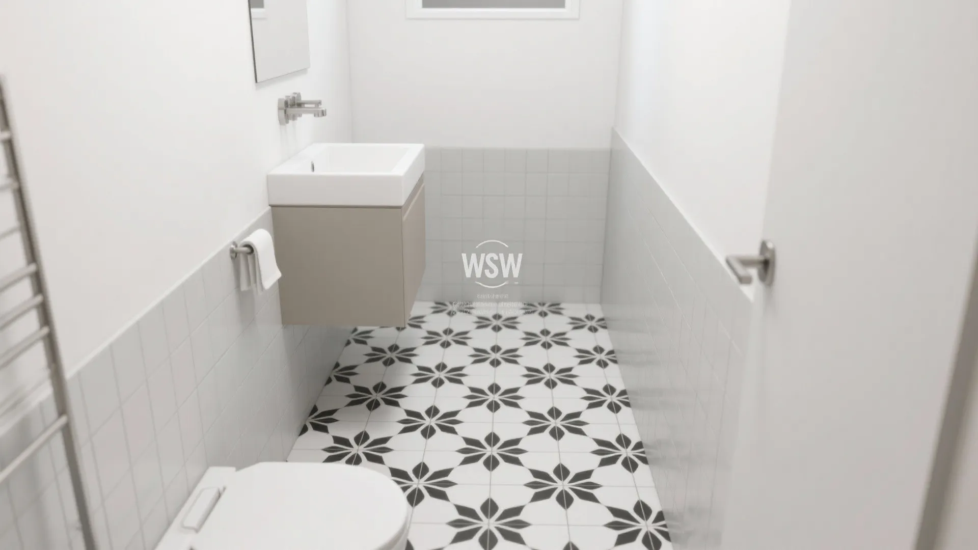 Small white bathroom with hanging sink cabinet toilet and black and white patterned floor tiles