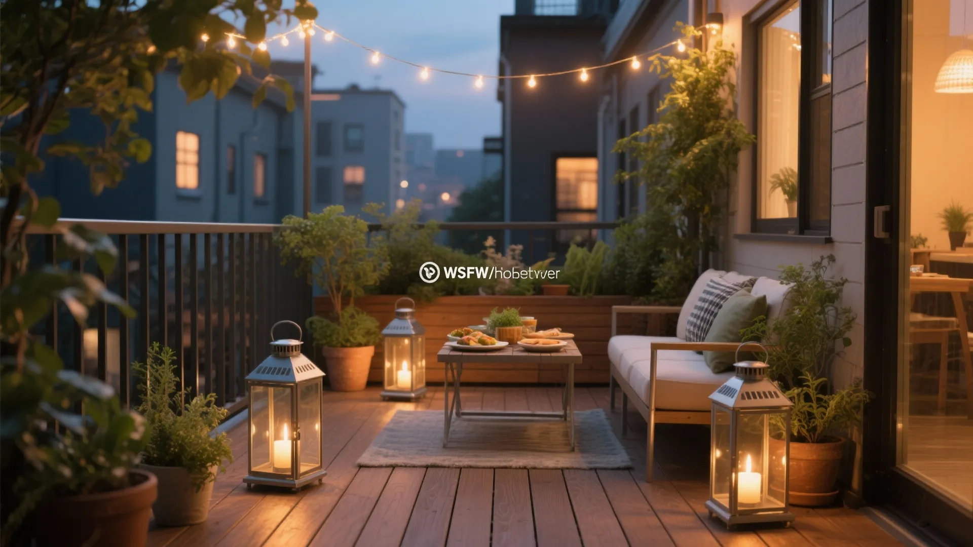 Cozy balcony with wooden floor white sofa green plants and warm candle lanterns at night