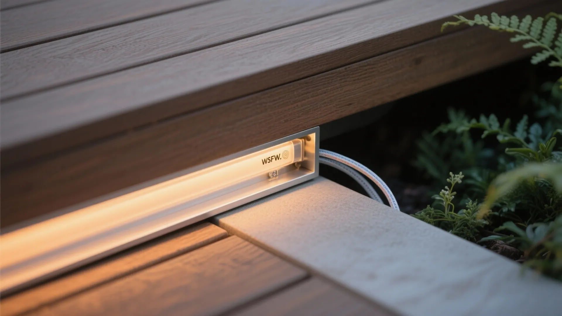 Close up view of light strip installed under wooden floor deck and green garden plants