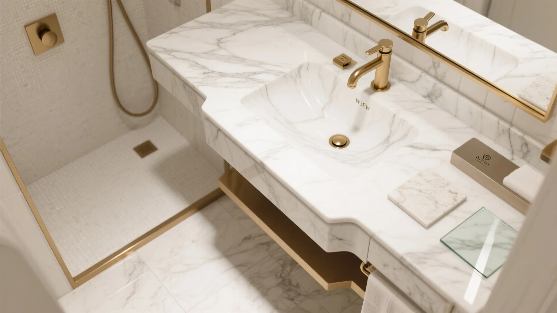 High angle view of white marble bathroom sink with gold faucet and matching shower floor tiles