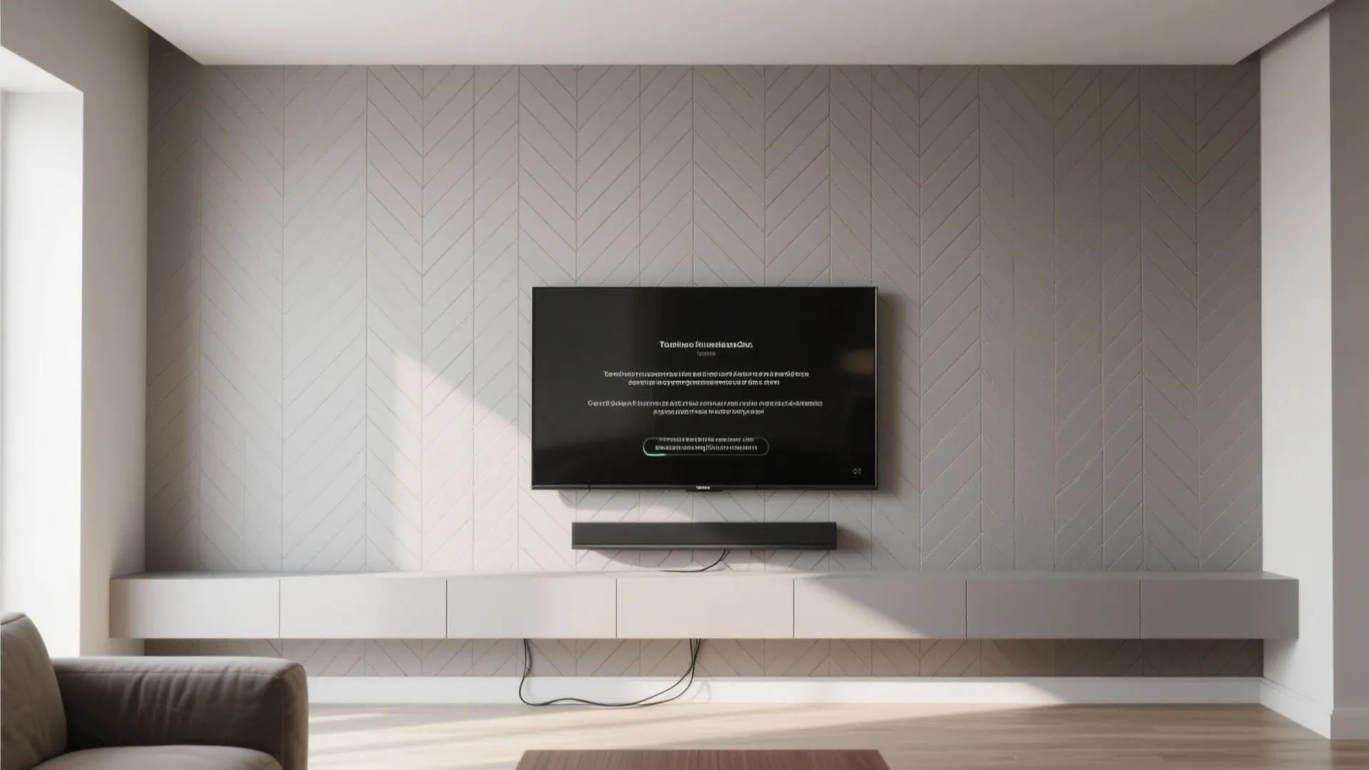 Minimalist living room with grey textured wall panel behind television and long white storage cabinet