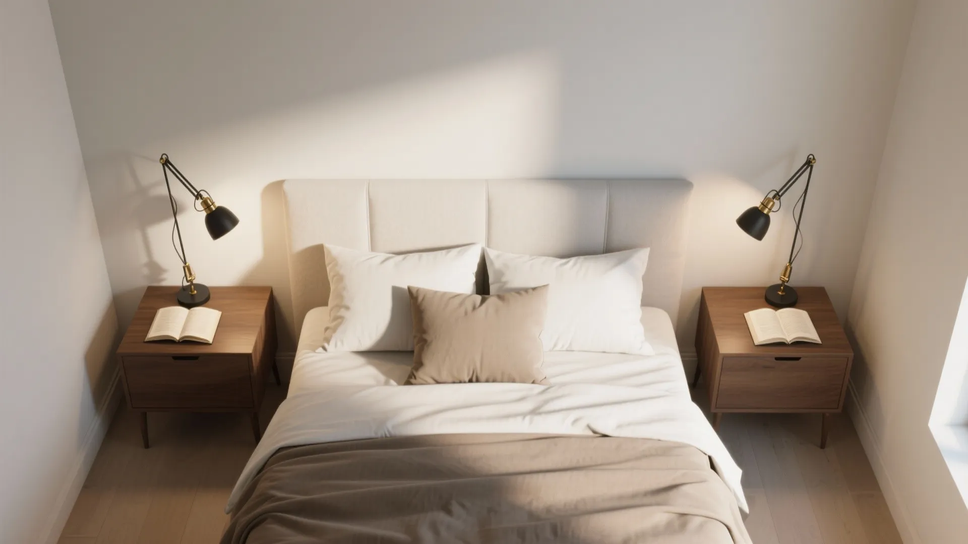 Top-down bedroom layout showing swing-arm sconces placed for reading comfort.