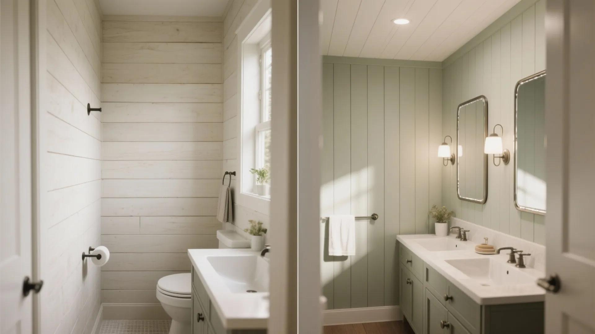 Side by side comparison of a white bathroom and a green bathroom with double sinks