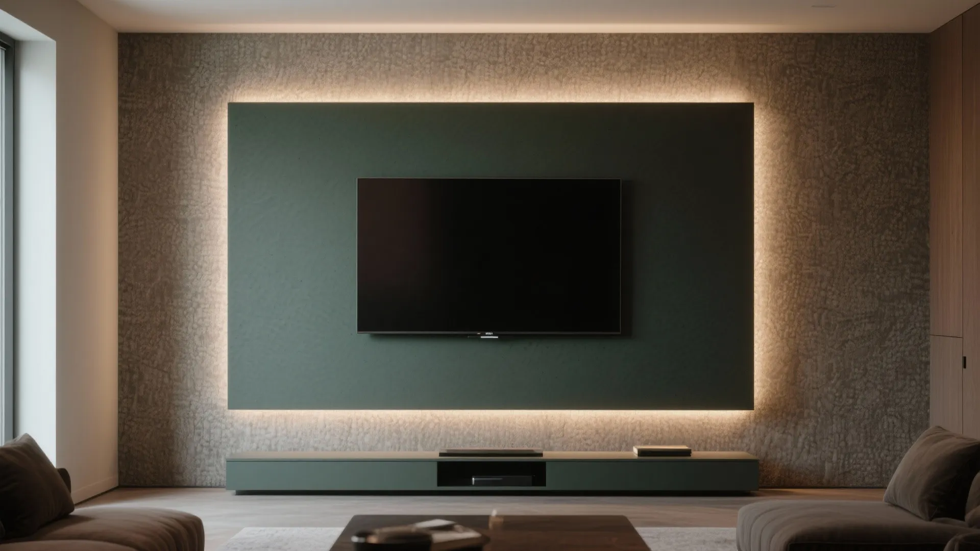 Minimalist living room with dark green television wall panel highlighted by warm yellow light strips