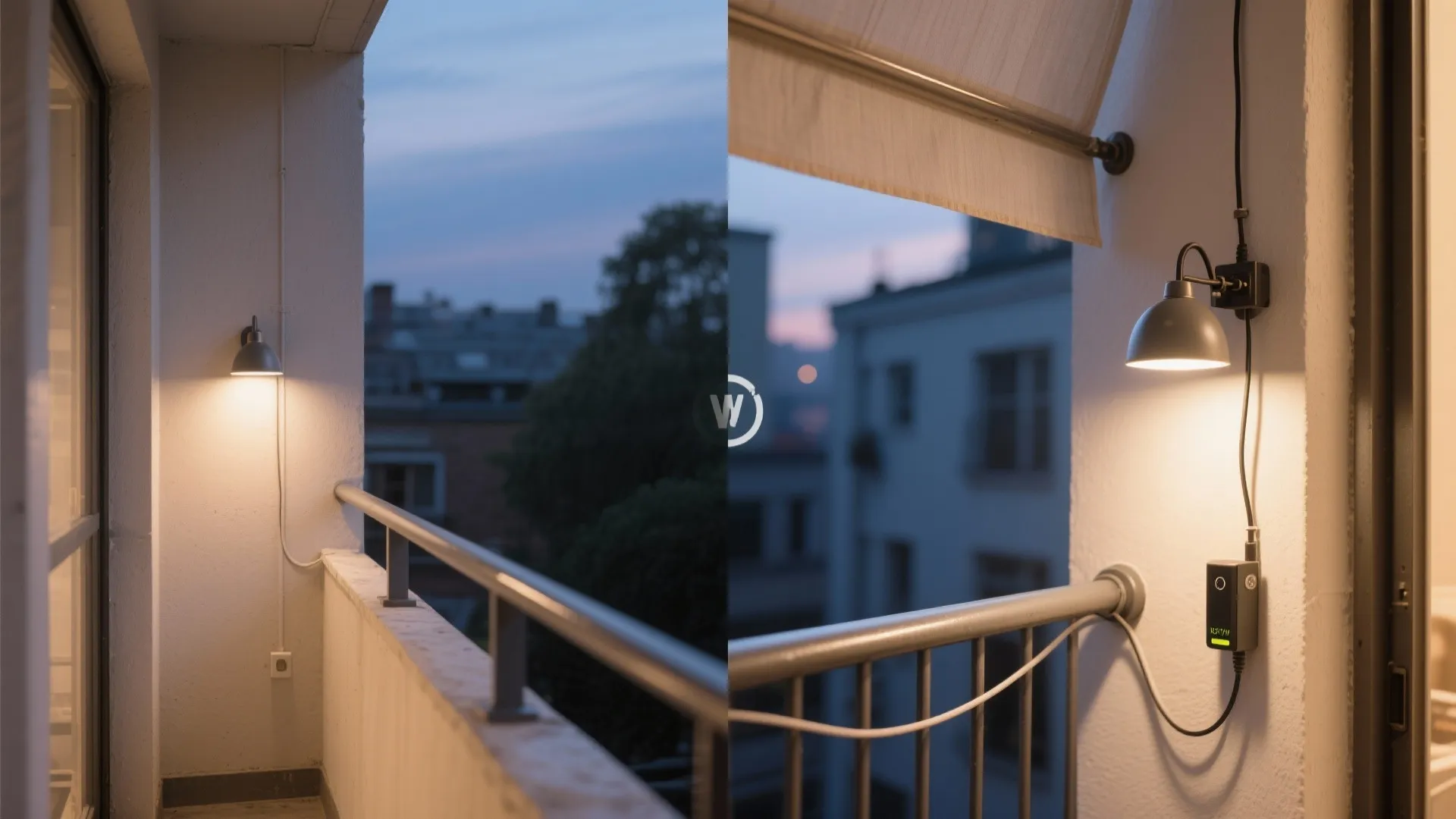 Before and after comparison of balcony wall light installation with power adapter and white curtain cover