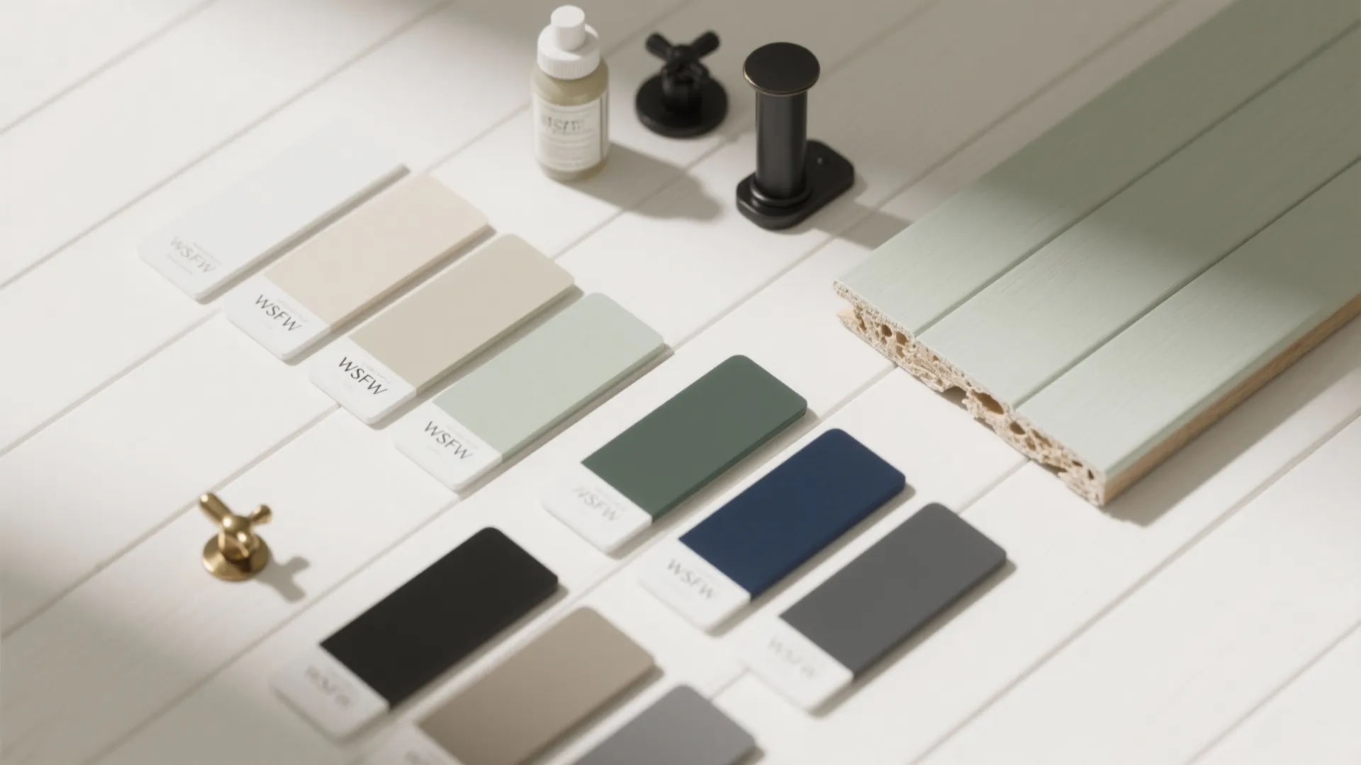 Various color paint swatches arranged on a white table with hardware and a green panel