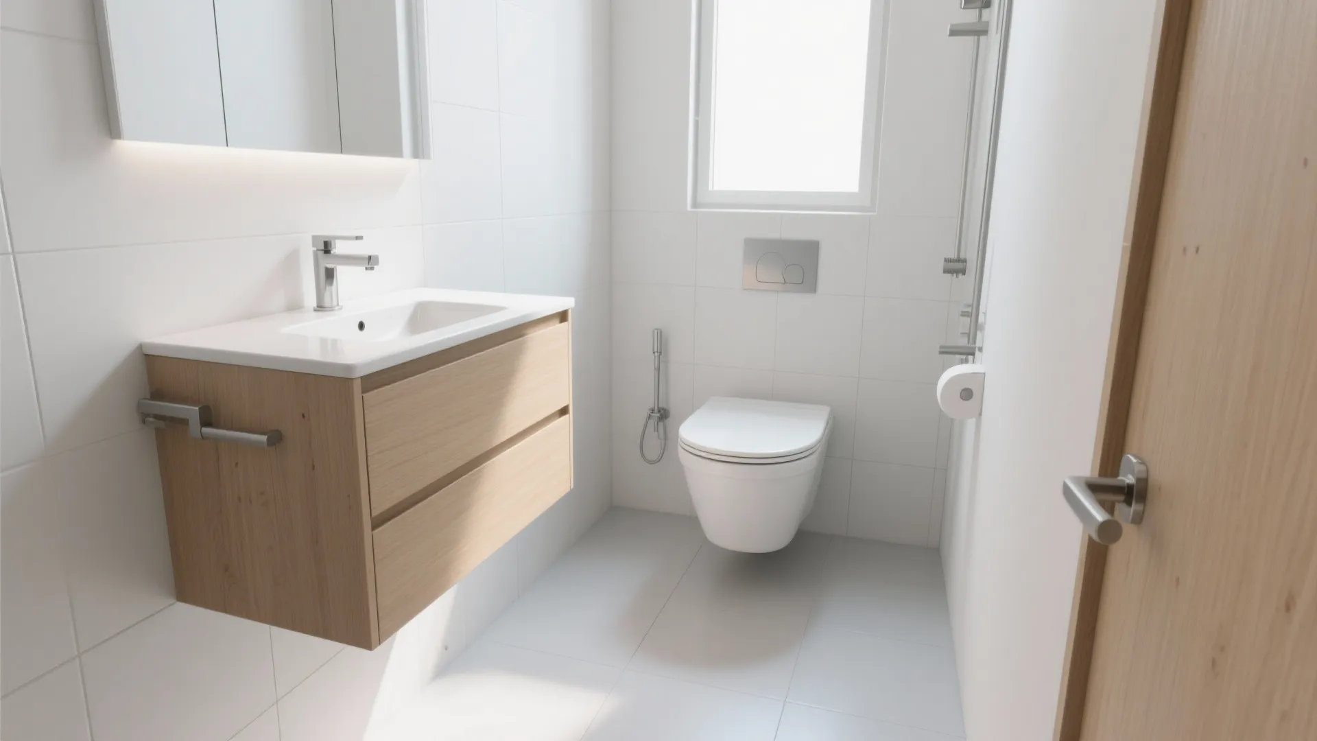 Bright bathroom featuring floating wooden cabinet white sink wall mounted toilet and white wall tiles